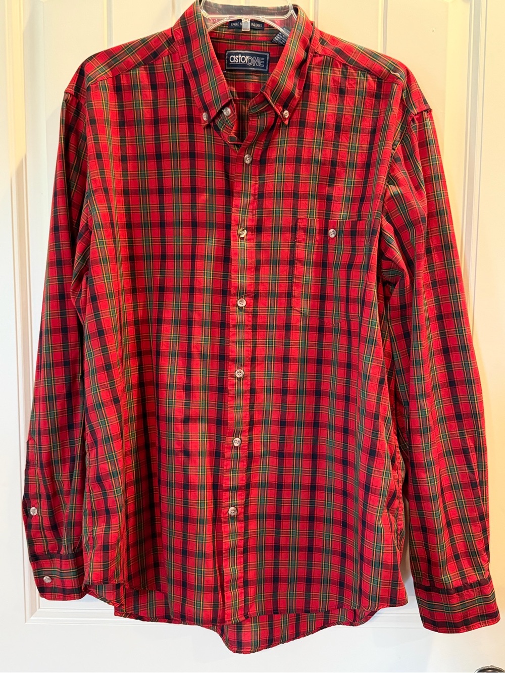 Vintage Astor One Single Needle Tailored Red & Green Plaid Button-Down Shirt CL